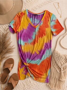 SHEIN Tie-Dye V-Neck Mini Dress - Yellow, Purple, Orange, Aqua